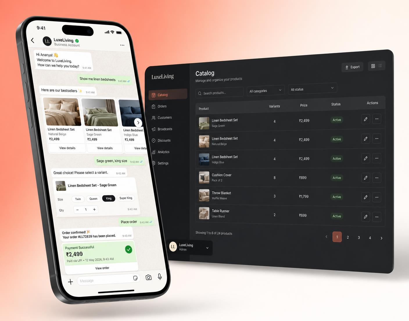 WhatsApp chat thread showing a product catalog, variant selection and payment confirmation next to the yourecommerce.app catalog dashboard